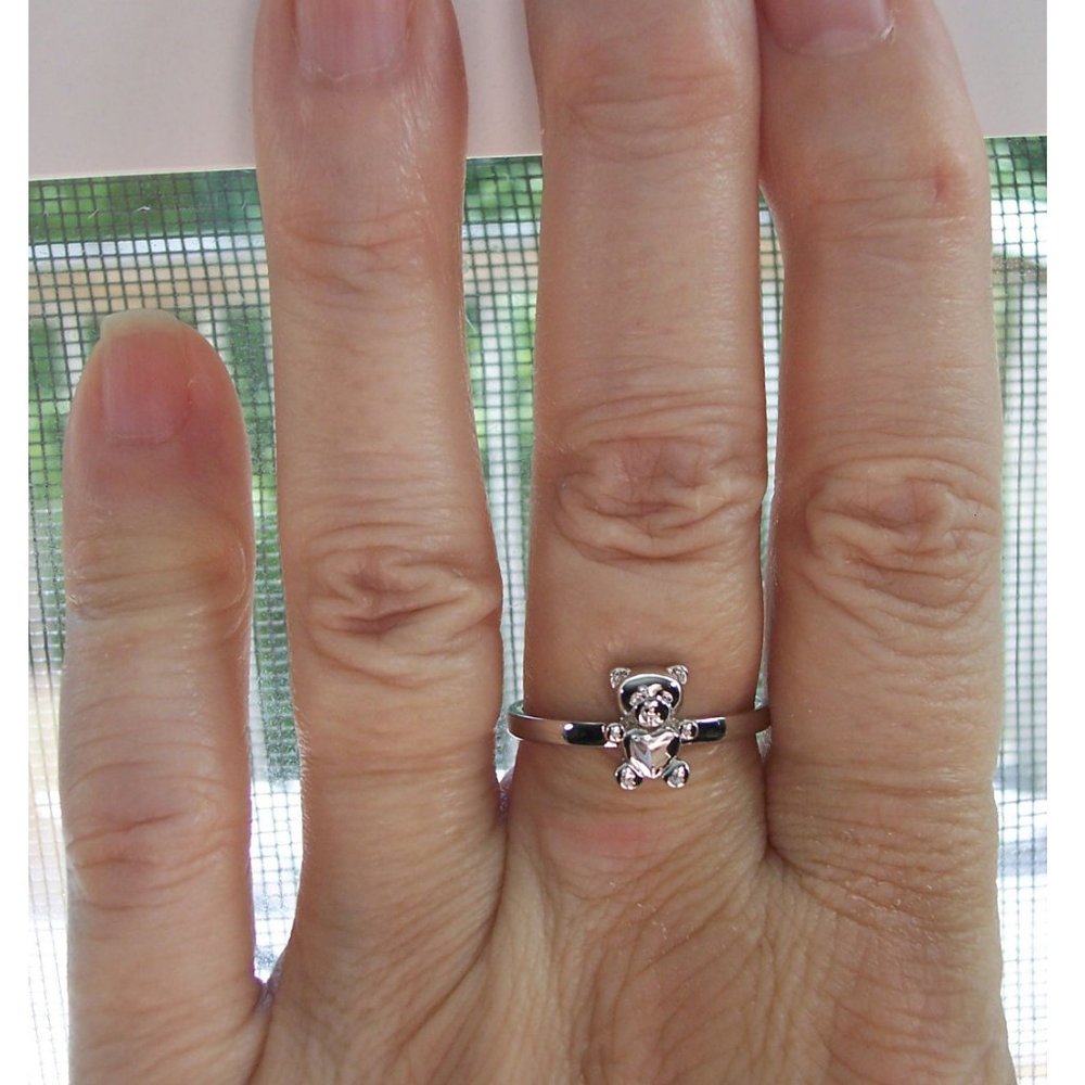 Adorable Dainty Teddy Bear Ring With Heart Belly 925 Sterling Silver - Picture 3 of 15